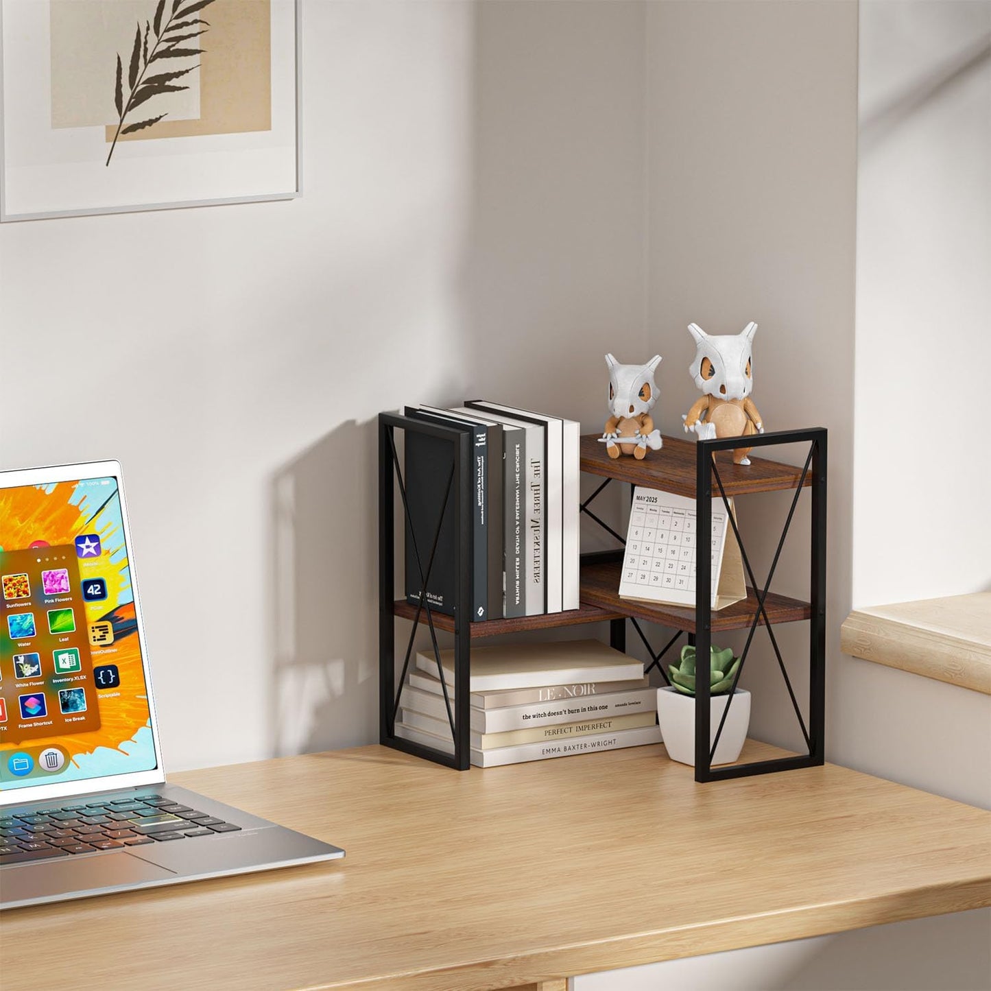 Desktop Shelf Organizer,Small Bookshelf for Office,Wood Desk Top Shelves, Office Organization and Storage (Brown)