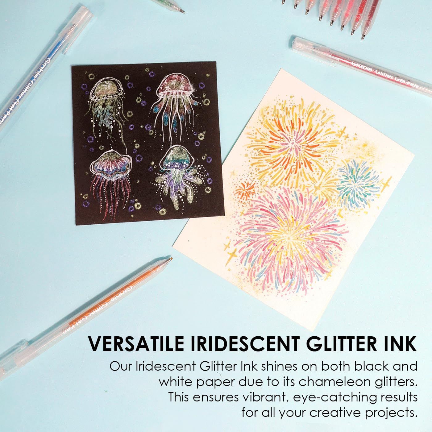 Grabie 42 Glitter Gel Pen Set, 18 Iridescent&24 Essential Color Pens, Smooth Rollerball Tip, Metallic Sparkly Gel Pens for Coloring (42 Colors Capped Glitter Gel Pens)