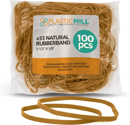 Plastic Mill Rubber Bands Thick Size #33 | Natural Durable RubberBands 100 Count /pack | 3 1/2 x 1/8" Multi-Purpose Band | Elastics large Long Rubber for Office Supply, File Folders, box, Books, gifts, Notebook|