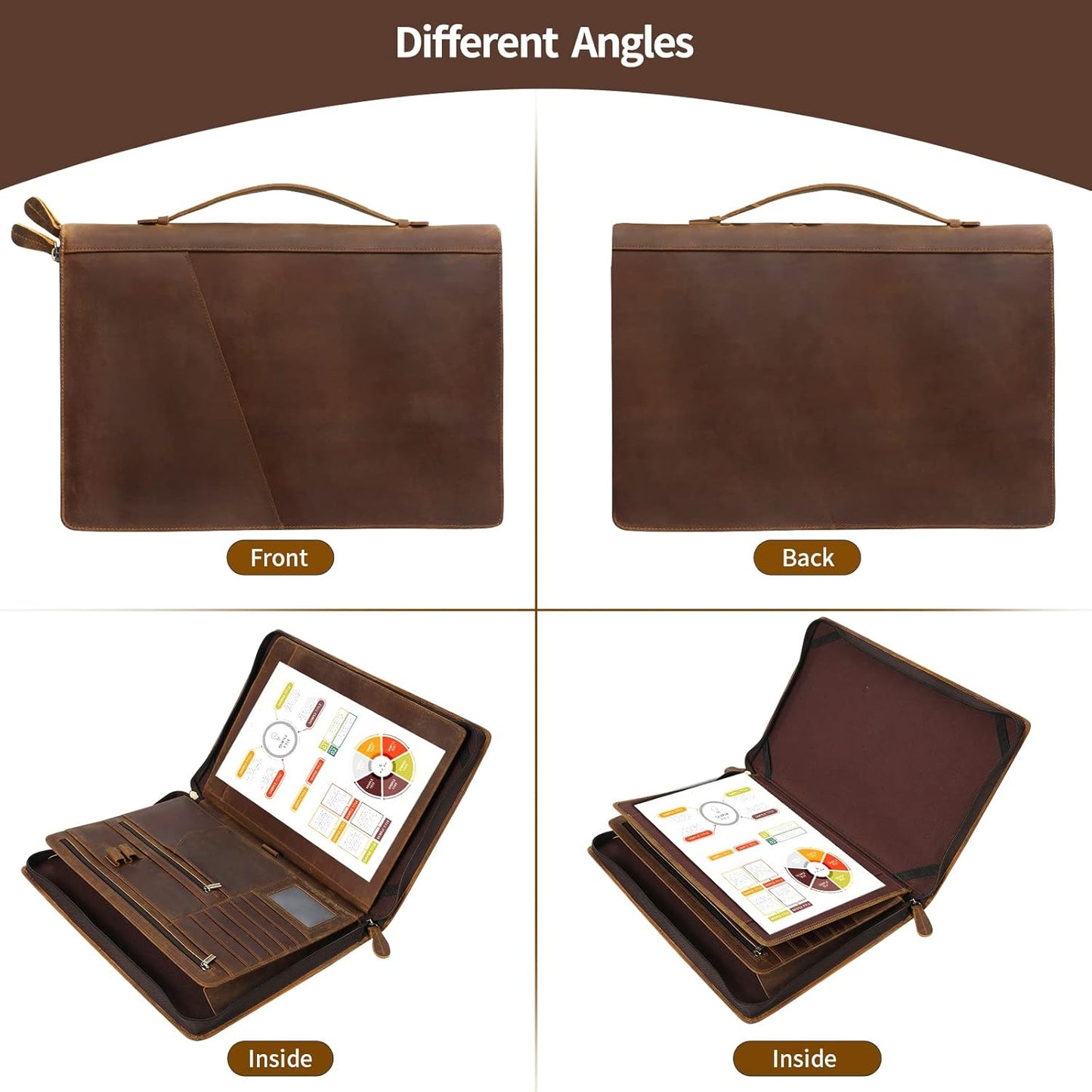 Ringsun Genuine Leather Portfolio Organizer for Men Women with Handle, Full Grain Leather Padfolio Folder with Zipper Business Resume Portfolio for 12.9" iPad, Brown, RS118