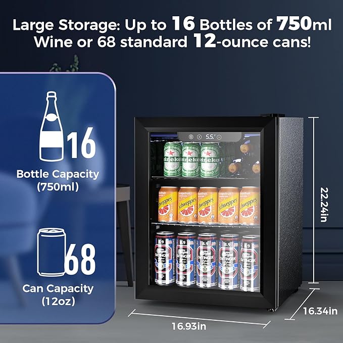 68 Cans Beverage Refrigerator Cooler, 1.7 cu.ft Mini Fridge Glass Door Drink Cooler for Beer, Soda,Wine, Digital Temperature Control for Home Office Bar