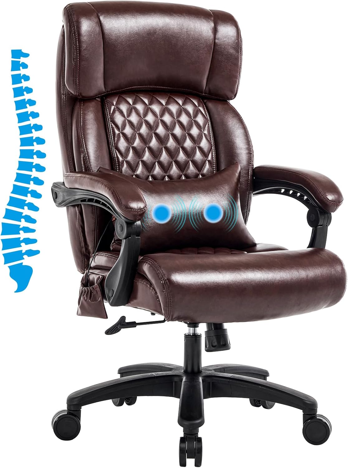 Lumbar Massage Office Chair, 500LBS Big and Tall Office Chair, Heavy Duty Ergonomic Executive Reclining Chair with High Back and Lumbar Support, Brown