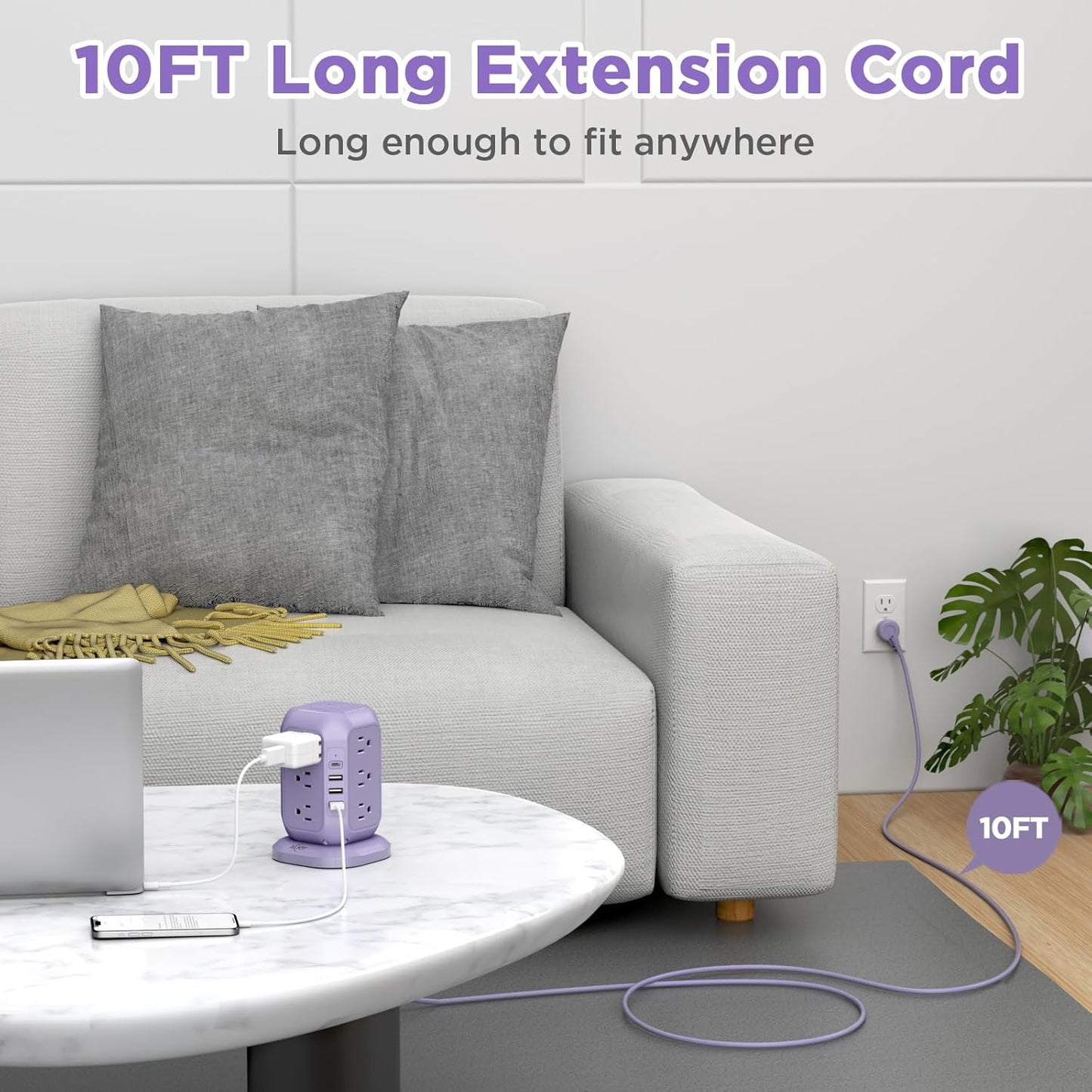 USB C Power Strip Tower, Surge Protector with 12 AC Outlet and 4 USB Ports, AiJoy 10 FT Extension Cord, 1200J Power Strip Surge Protector, USB Charging Station, Office Supplies, Dorm Essentials, Woman