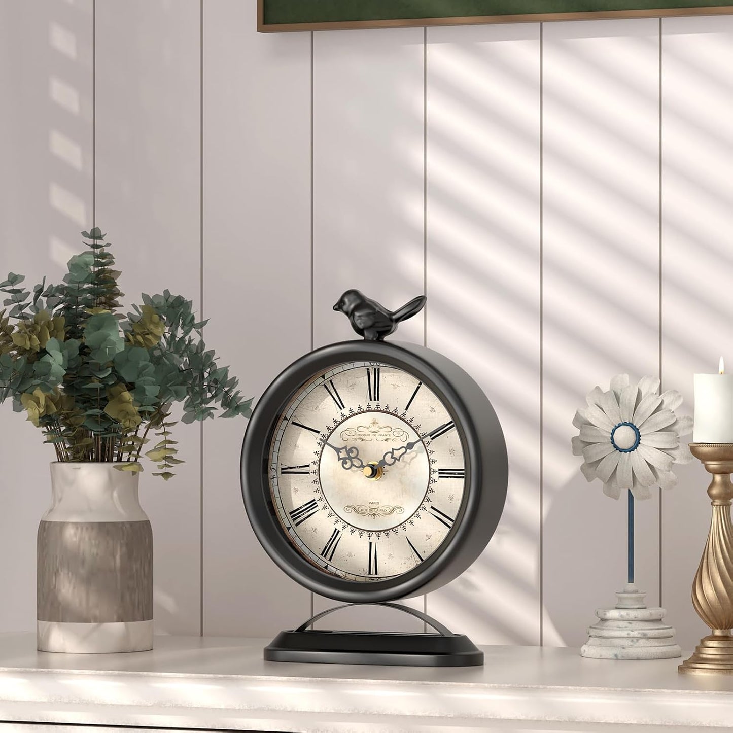 Vintage Table Clock with Bird, European Antique Style Black Mantel Clocks, Desk and Shelf Decor Clock, for Farmhouse, Bedside, Living Room, Bedroom, Gift (9" H x 6.5" W)