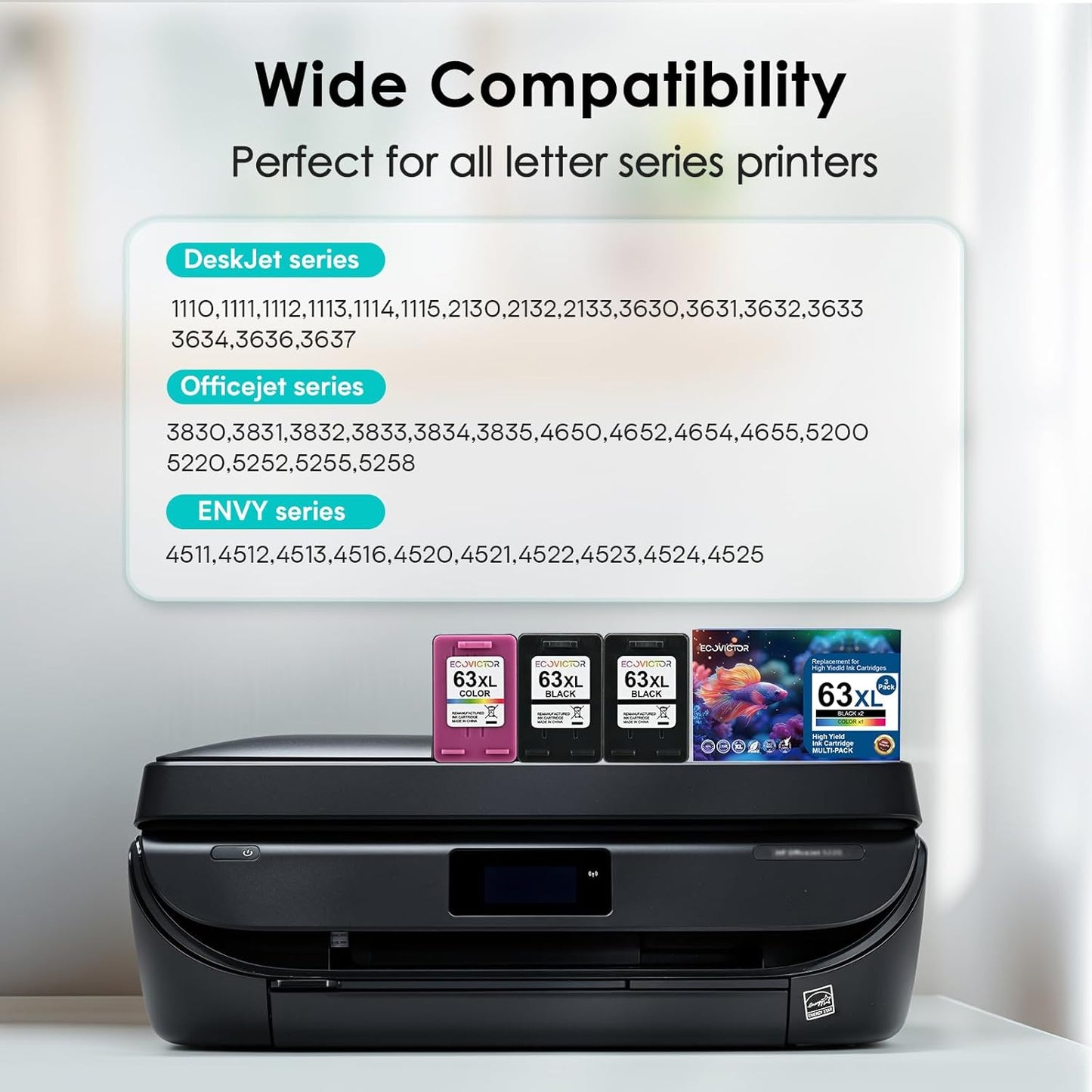 63XL Ink Cartridges Replacement for HP Ink 63 XL (2 Black and 1 Color Combo 3-Pack) for HP63 HP63XL 3830 4650 4520 4512 4510 4652 4655 5200 5255 5252 5258 3630 3632 2132 1112 2130 Printer