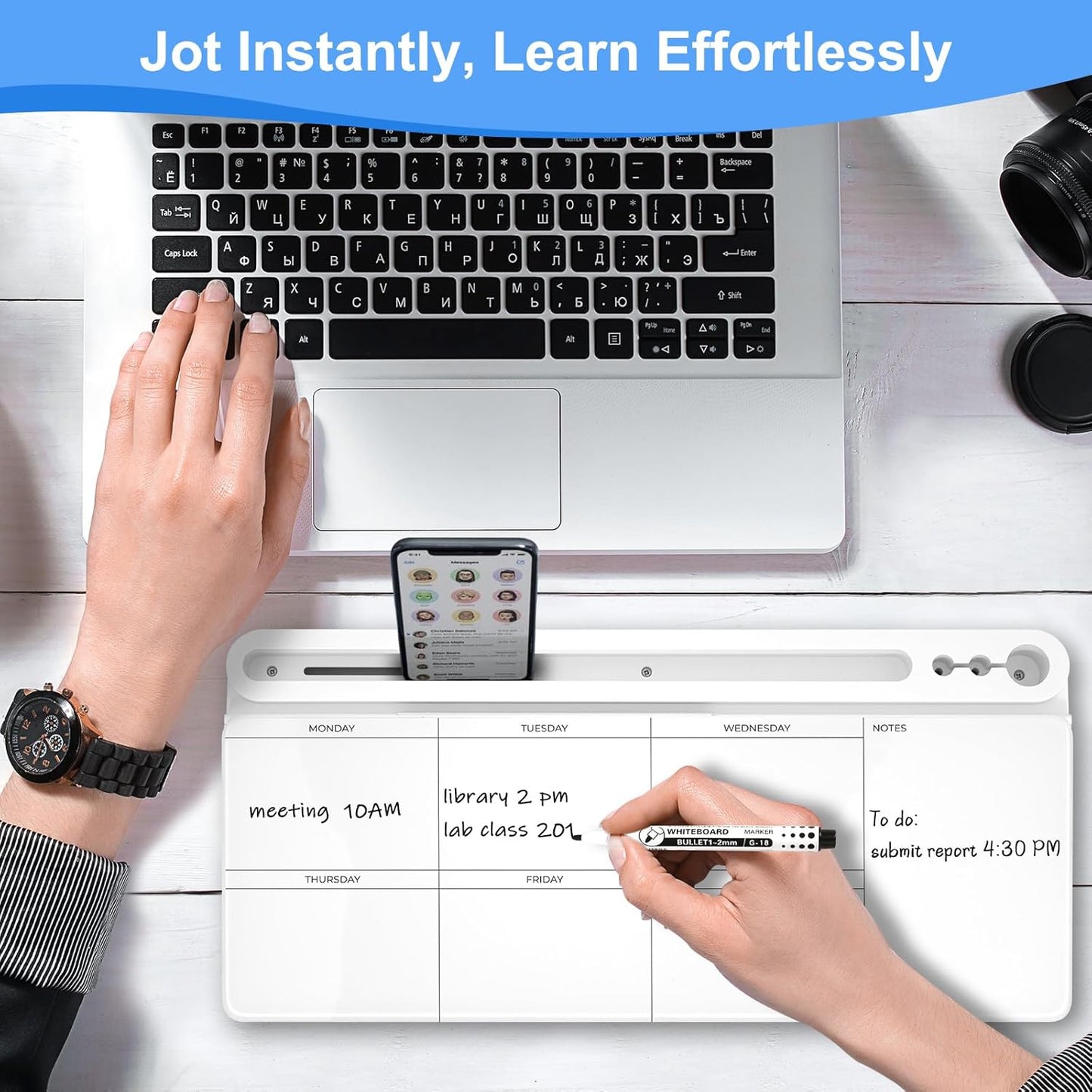 Desktop Glass Whiteboard with Storage, Weekly Calendar Desk Dry Erase White Board, Desk Organizers and Accessories, Weekly Planner Board for Planning, Memo, Note, Office, Home, College, School - White