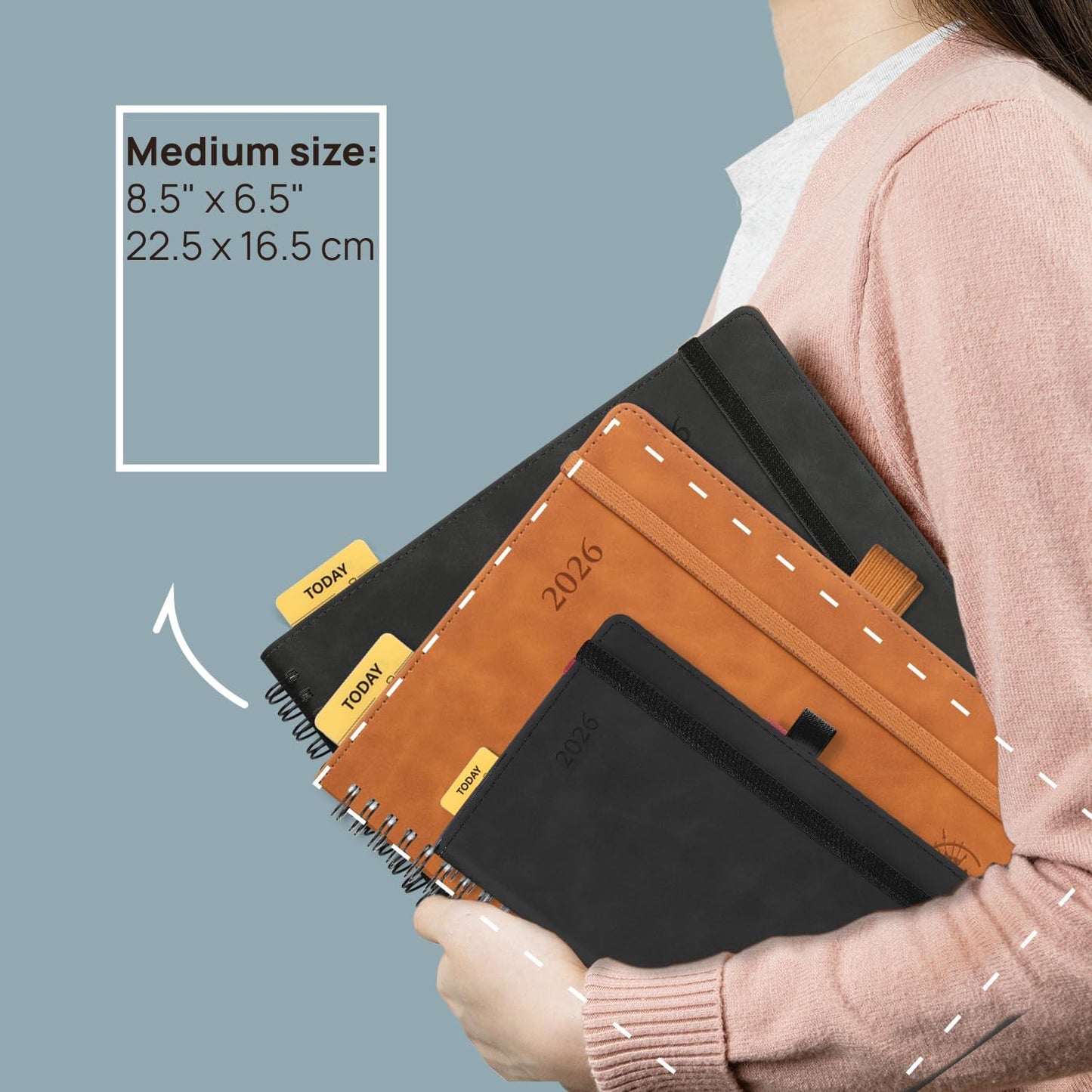 POPRUN 2026 Planner Weekly Notebook (Jan-Dec), Medium 8.5''x 6.5'' - Agenda 2026 Calendar Book with Monthly Tabs, Inner Pocket, Spiral Soft Cover, 100 GSM - Brown