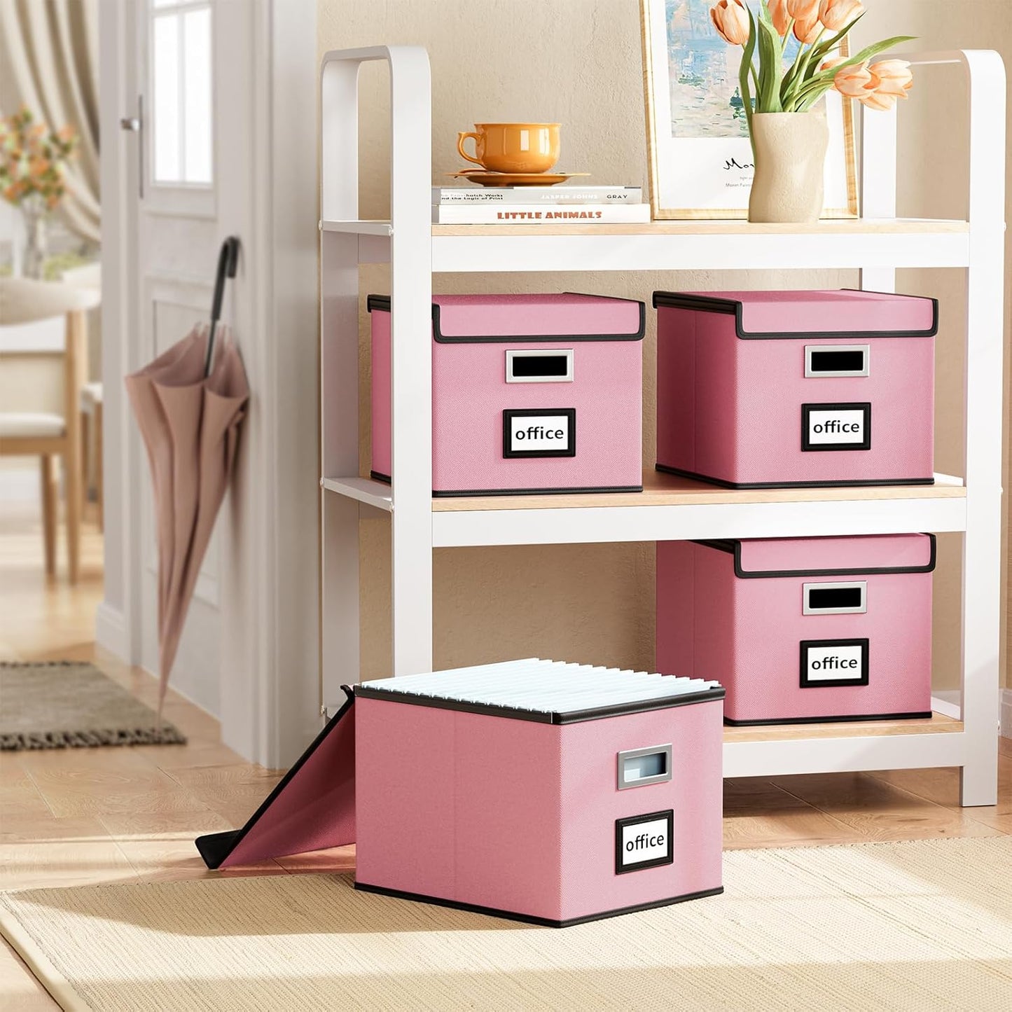 Huolewa Collapsible File Storage Organizer Boxes with Lids, Linen Document Storage, Universal Hanging Filing Organization Boxes for Letter/Legal, Decorative Office/Home File Bins - Boxes Only(2 Pack)