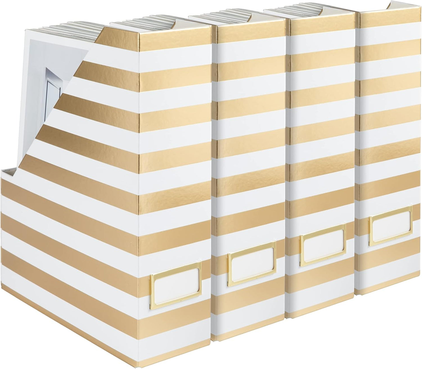 BLU MONACO Set of 4 Gold & White Striped Magazine File Boxes with Gold Label Holders – Stylish File Organizer Box for Desk, Office Supplies, File Folder Holder, and Book Organizer