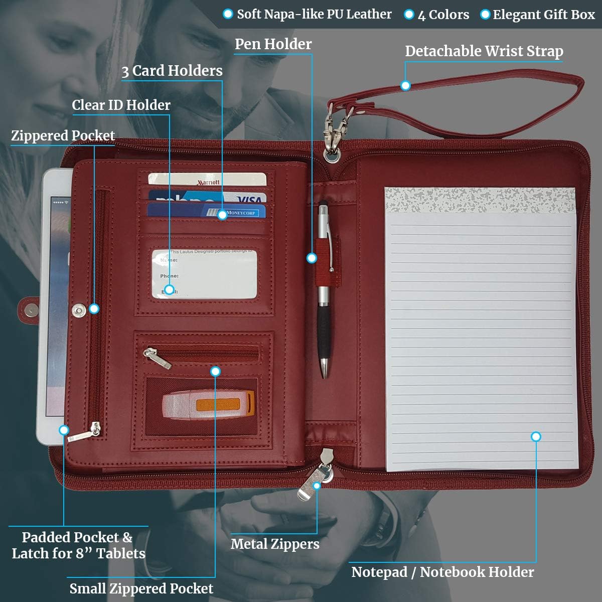 Zippered Portfolio Binder with Junior Legal 5x8 Notepad - Burgundy PU Faux Leather Business Padfolio Organizer Folder with 8 Inch Tablet Sleeve & Gift Box by Lautus Designs