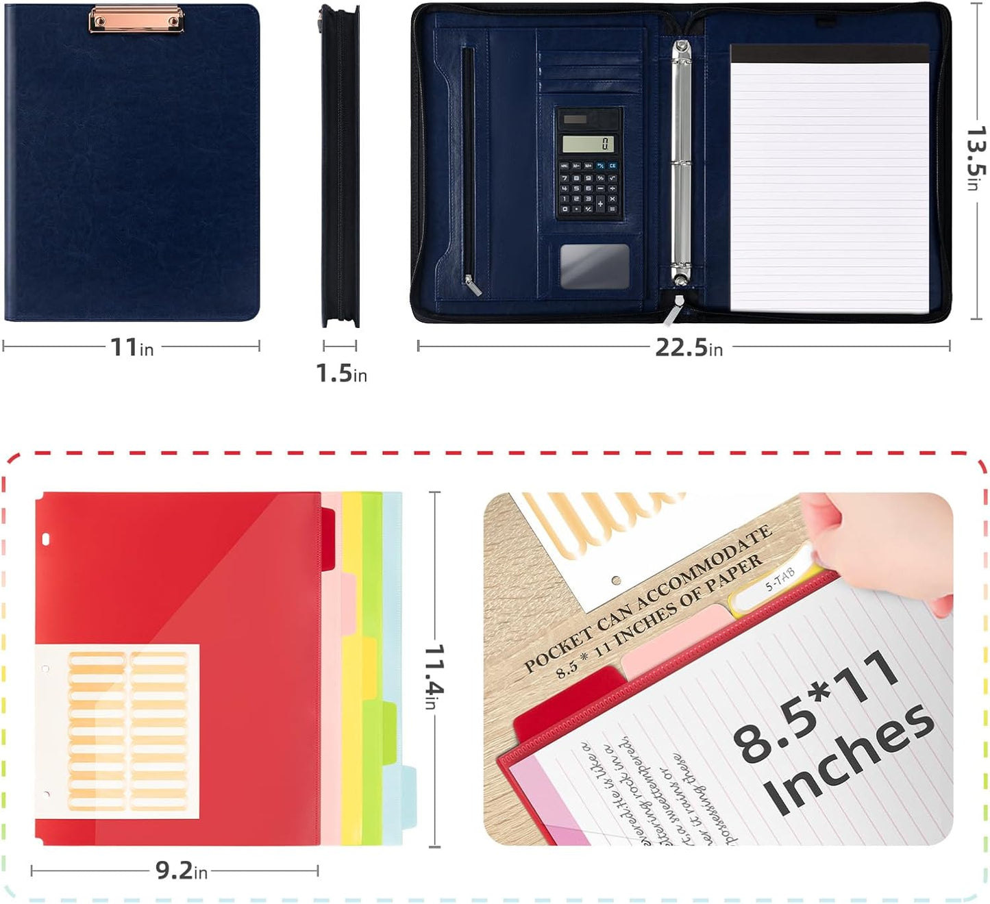 Ospelelf 3 Ring Portfolio Binder with Zipper, Leather Clipboard with Storage, Padfolio Folder for Men, 12.1” Tablet Sleeve, 5 Dividers with Pocket, Refillable Notepad, Card Slot (Navy Bule)