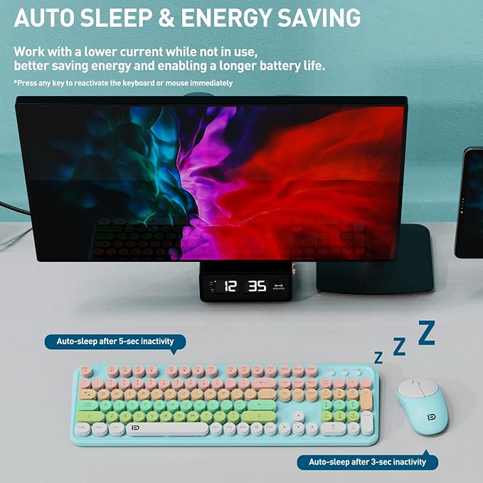 Wireless Keyboard and Mouse Set, 105 Round Keys Full-Size Cute Colorful Keyboard and Mouse with Retro Typewriter for PC/Mac/Laptop/Tablet/Computer/Windows Light Blue