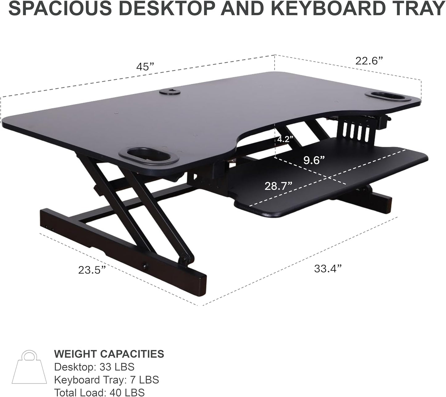 Rocelco 45" Height Adjustable Standing Desk Converter with Premium Dual Monitor Mount and Slide Out Retractable Keyboard Tray - Sit Stand Up Triple Screen Tabletop Riser - Black (R ADRB-45-MA2)