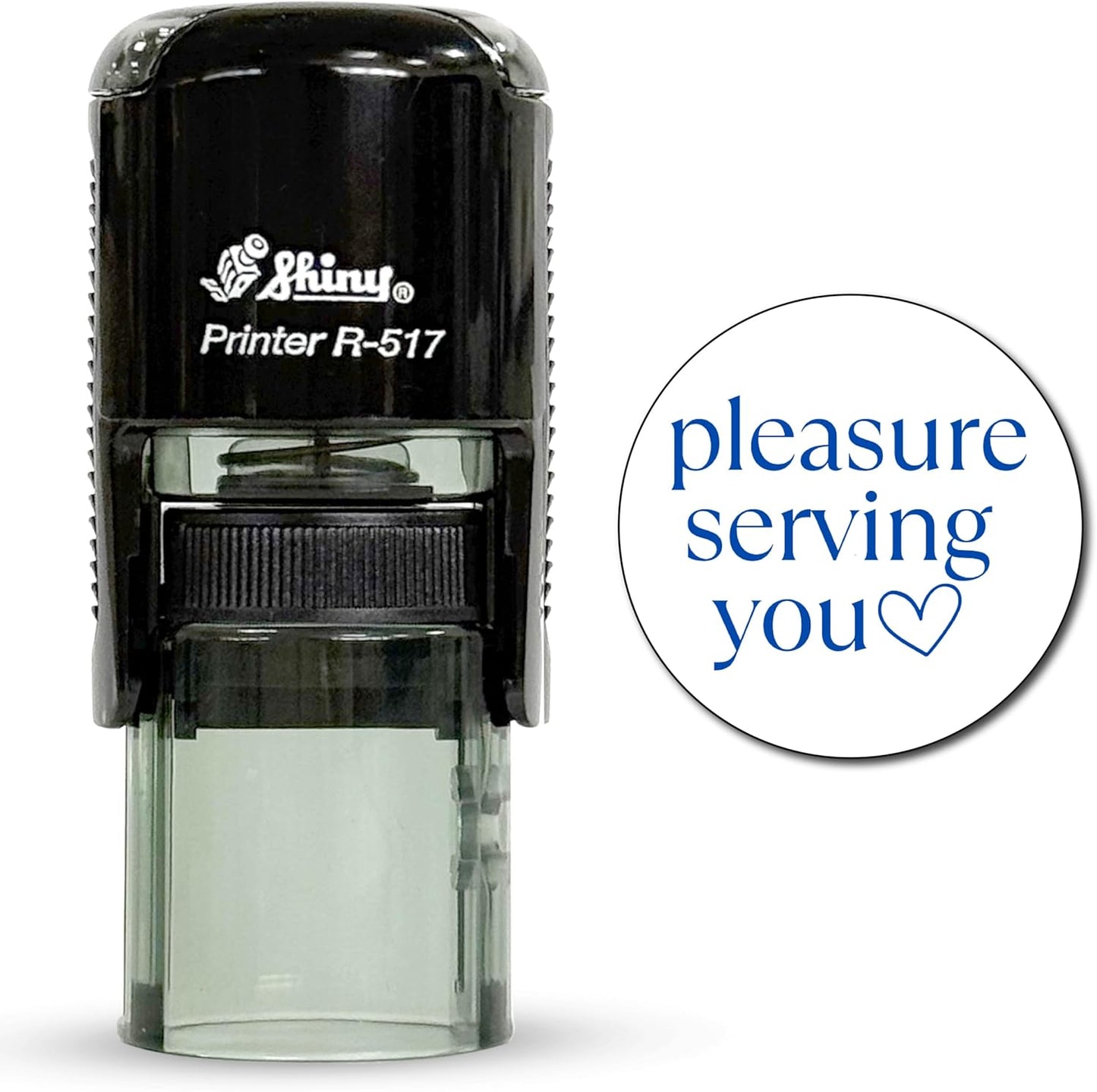 Shiny Pleasure Serving You Stamp, Round Self Inking Stamp for Office and Retail, Blue Ink