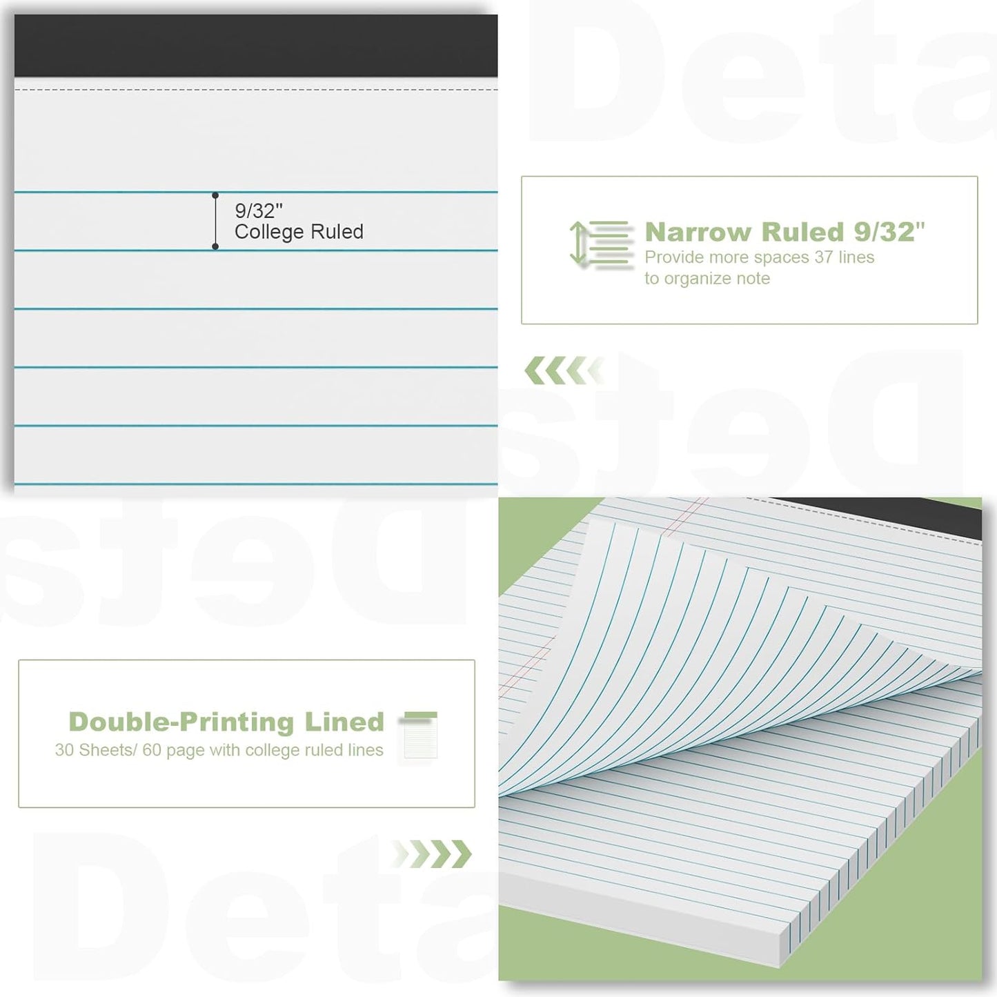 6 Pack Legal Pads 8.5 x 11 College Ruled Notepads, White Note Pads 8.5'' x 11'' Writing Pads Narrow Ruled Lined Paper Pads, 30 Sheets Per Note Pad, Legal Notepads for Work Study Daily Note Taking List