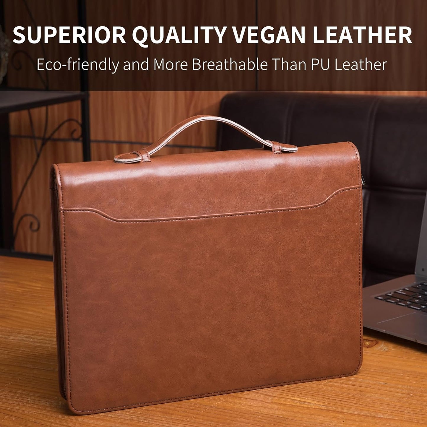 Personalized Vegan Leather Portfolio with Hidden Handle, Front Pocket, Custom Business Padfolio Tablet/13” Laptop Organizer, Professional Executive Document Folio, Brown