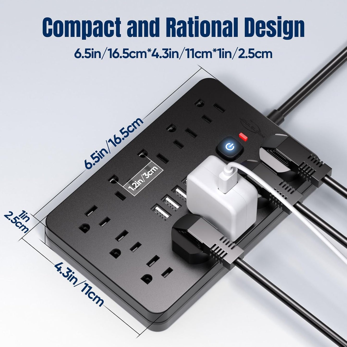 2PCS 6 FT Flat Plug Surge Protector Power Strip,11 Multiple AC Outlets with 6 USB Ports (2 USB C), 6 Feet Extension Cord, 1250W/10A, One Touch Switch Button, 17 in 1 Compact powerstrip