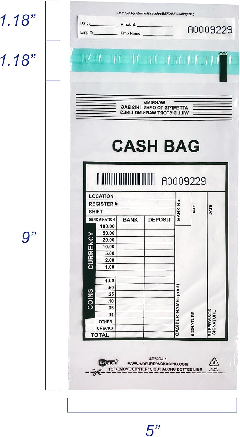 Clear Plastic Small Bank Deposit Bags For Cash | Pack of 1000 | 5"x9"|Tamper Evident Bags | Write-On Panel and Tear-Off Receipt | Ideal for Cash Handling