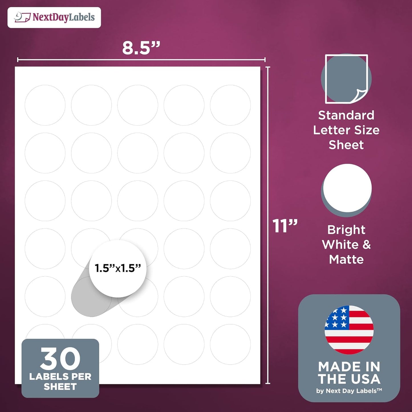 NextDayLabels 1.5 Inch Round Stickers for Printer - Matte White Blank Laser/Inkjet Printable Circles (250 Sheets, 30 Per Sheet, 7500 Labels)