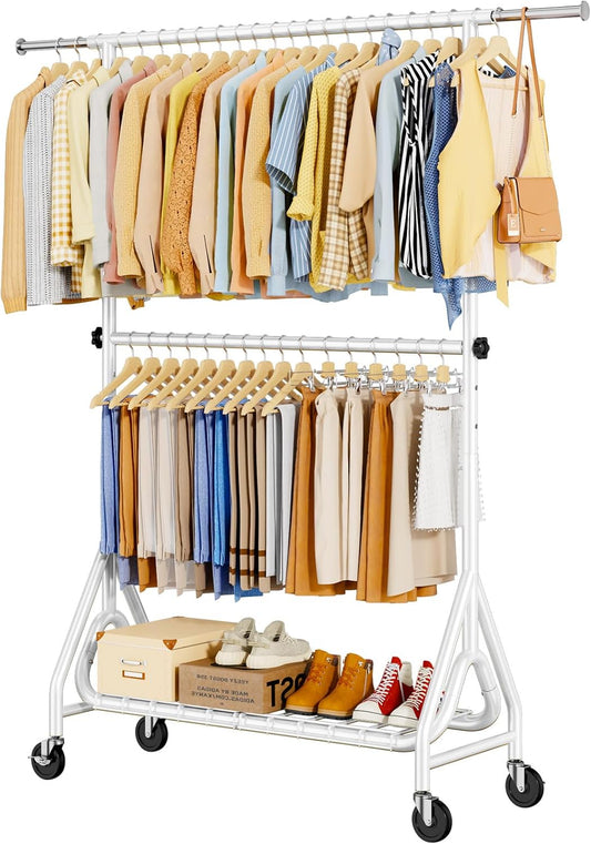 Double Rods Clothing Rack, Heavy Duty Clothes Rack for Hanging Clothes Load 560LBS, Metal Rolling Garment Racks with Wheels, Freestanding Clothes Hanging Racks, White