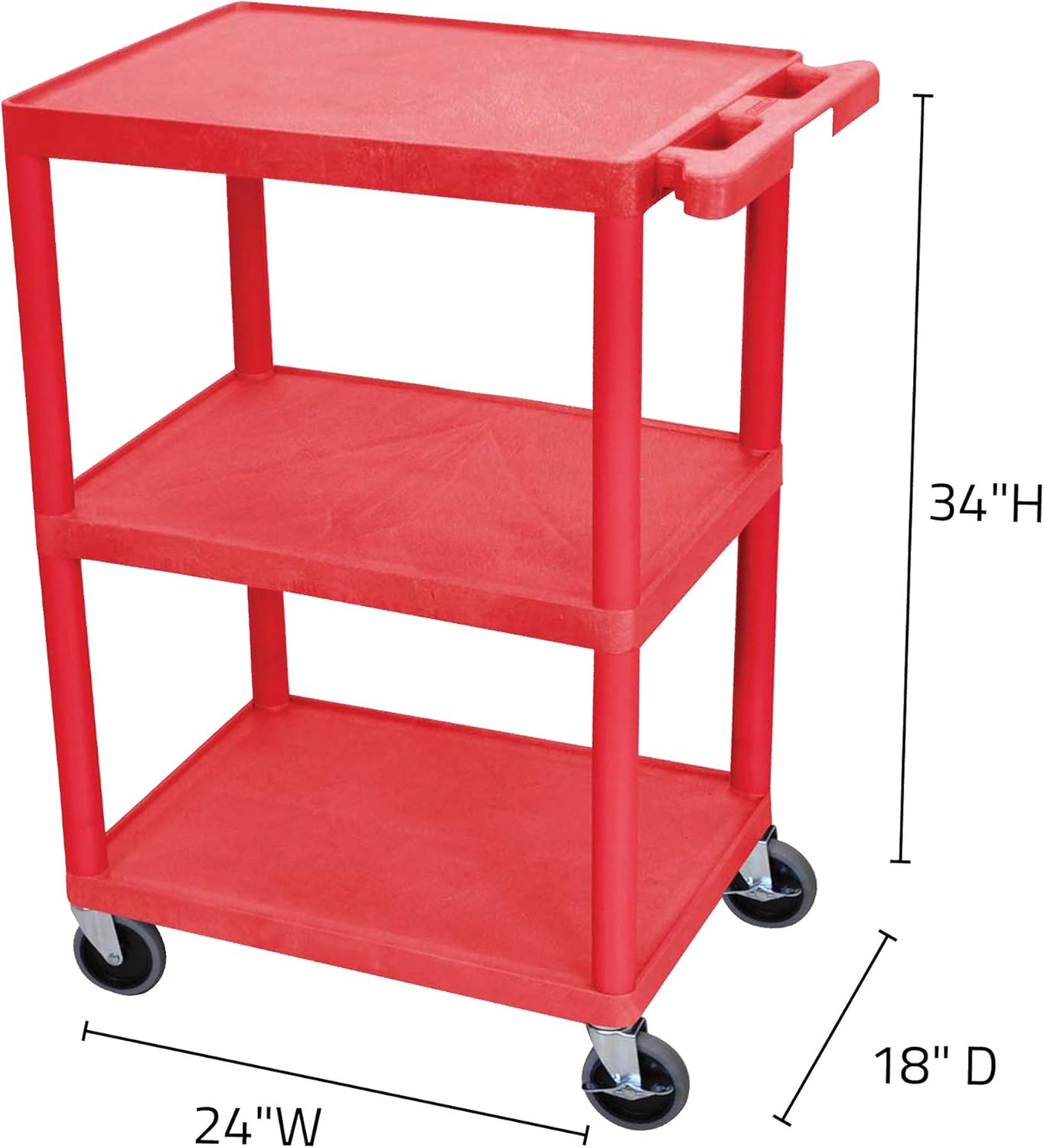 Luxor Multipurpose Storage Utility Cart 3 Shelves Structural Foam Plastic - Red