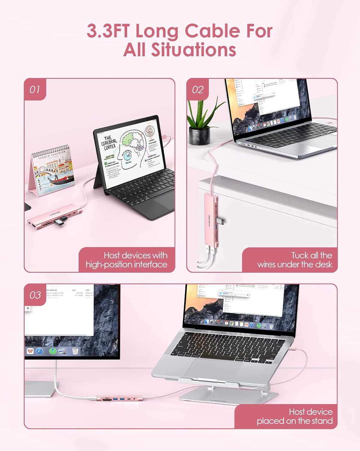 LENTION 3.3FT Long Cable USB C Hub with 4K HDMI, 2 USB 3.0, Card Reader, Aux, Type C Data/Charging Compatible 2023-2016 MacBook Pro, Mac Air/Surface, More, Stable Driver Adapter (CB-C37, Rose Gold)