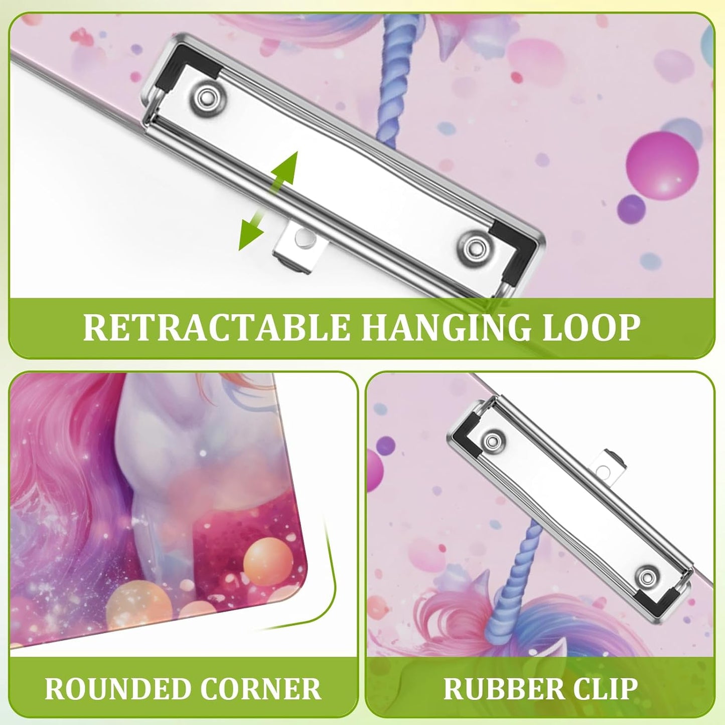 White Horse Clipboard,Decorative Rainbow Acrylic Clipboard with Low Profile Metal Clip for Office,School,Teachers,Students Standard Letter Size 9x12.5