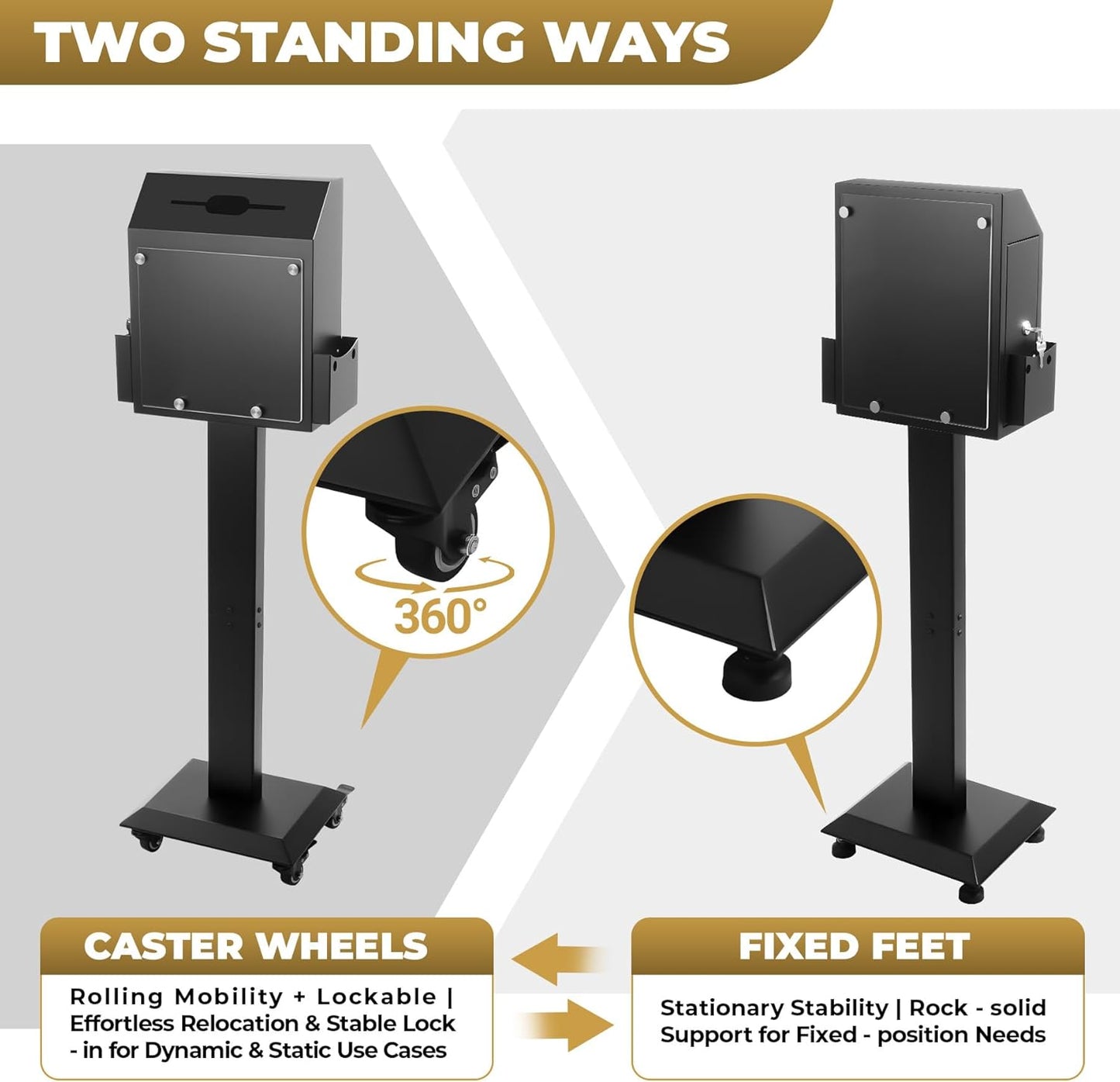 POPMOON Suggestion Box with Stand,Floor- Standing Offering Box with Sign Display,Upgraded Heavy Duty Metal Ballot Box with Slot and Lock,Locking Casters for Voting Charity Donation Election,Church