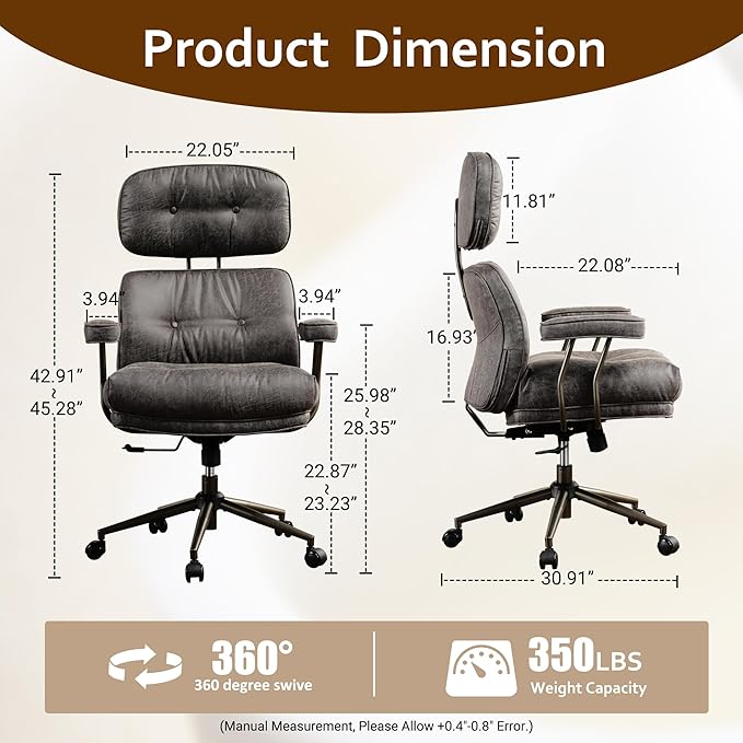 Faux Leather Executive Office Chair - Big and Tall Ergonomic Home Office Chair,Reclining Computer Desk Chairs with Lumbar Support,Adjustable Task Swivel Rolling PC with Wheels,Grey,Suede
