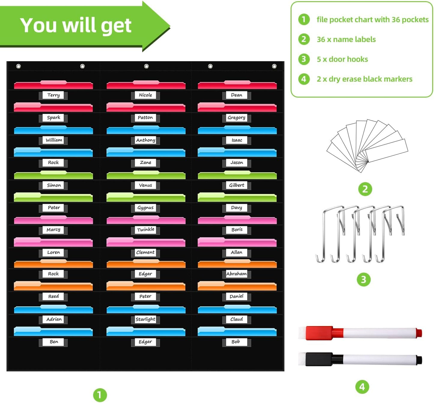 REGELETO 36 Pockets File Storage Pocket Chart with 36 Nametag Pockets, Hanging Wall File Organizer for Classroom and Office, Organize Your Assignments, Files, Scrapbooks, Paper (Black-36 Pockets)