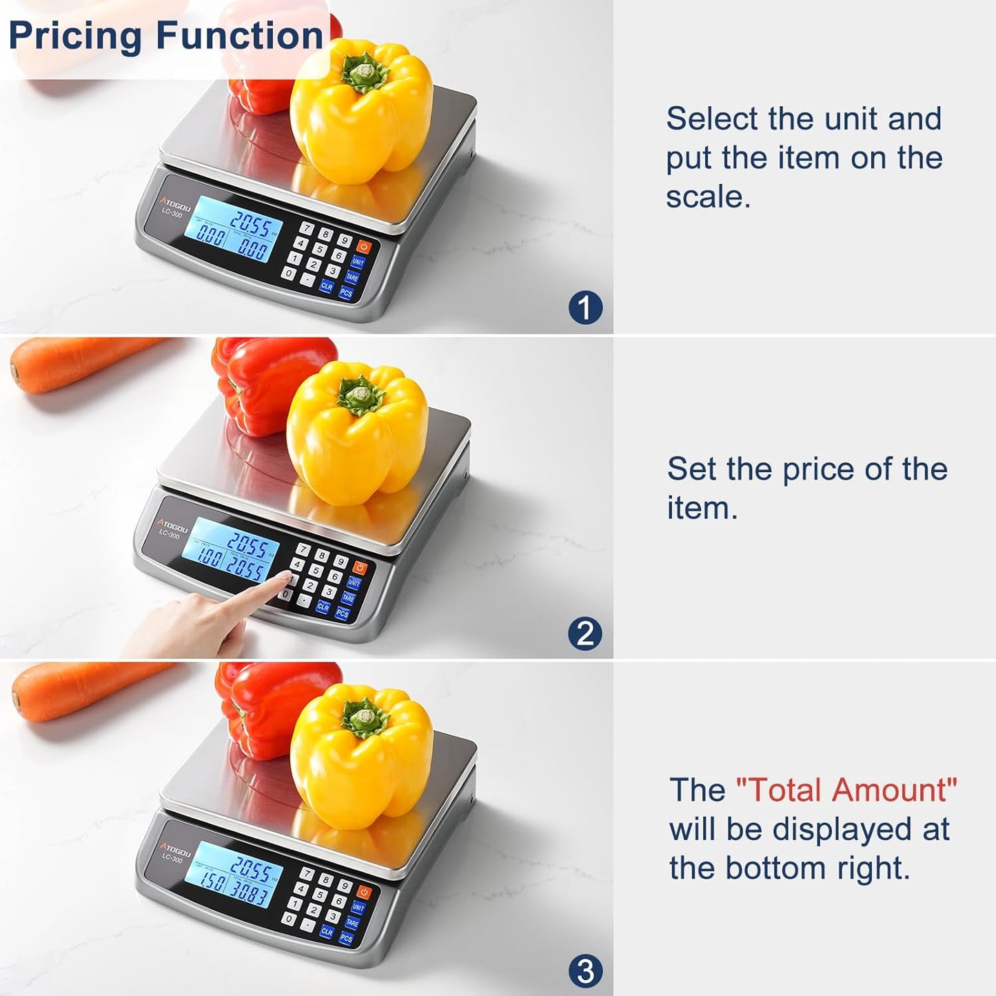 66lb Food Scale, Commercial Kitchen Scale with Price Computing, Plug-in Usable, 0.05oz/1g, 304 Stainless Steel, for Cooking, Vegetables, Farm, Industry, Counting. LC300 Grey
