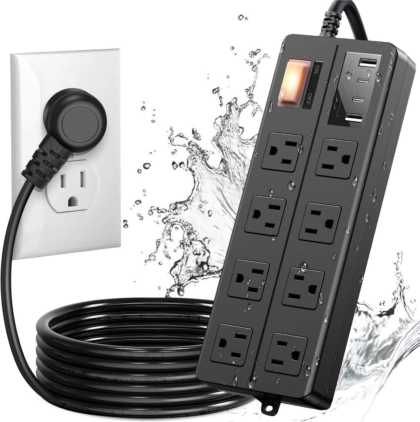 IPX6 Outdoor Power Strip Weatherproof, Waterproof Surge Protector with 8 Wide Outlet with 2A2C USB Ports, 10FT Long Extension Cord, Wall Mountable for Outside Decorations and More UL Listed(Black)