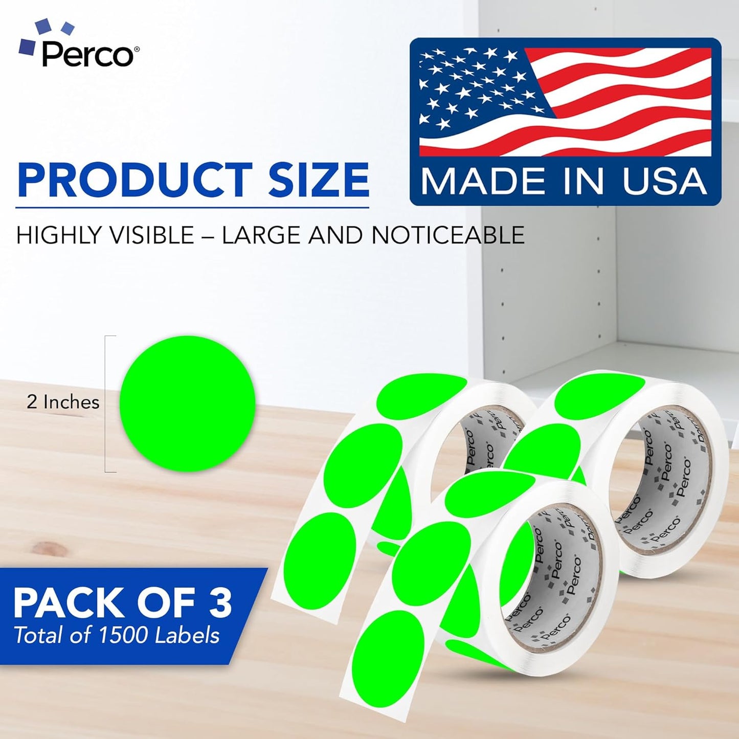 Perco Fluorescent Green 2-Inch Round Circle Dot Sticker Labels - Multi-Roll Pack (3 Rolls, 500 Labels Each) - Permanent Adhesive, Vibrant Colors, Strong Hold - Perforated for Easy Use - Made in USA