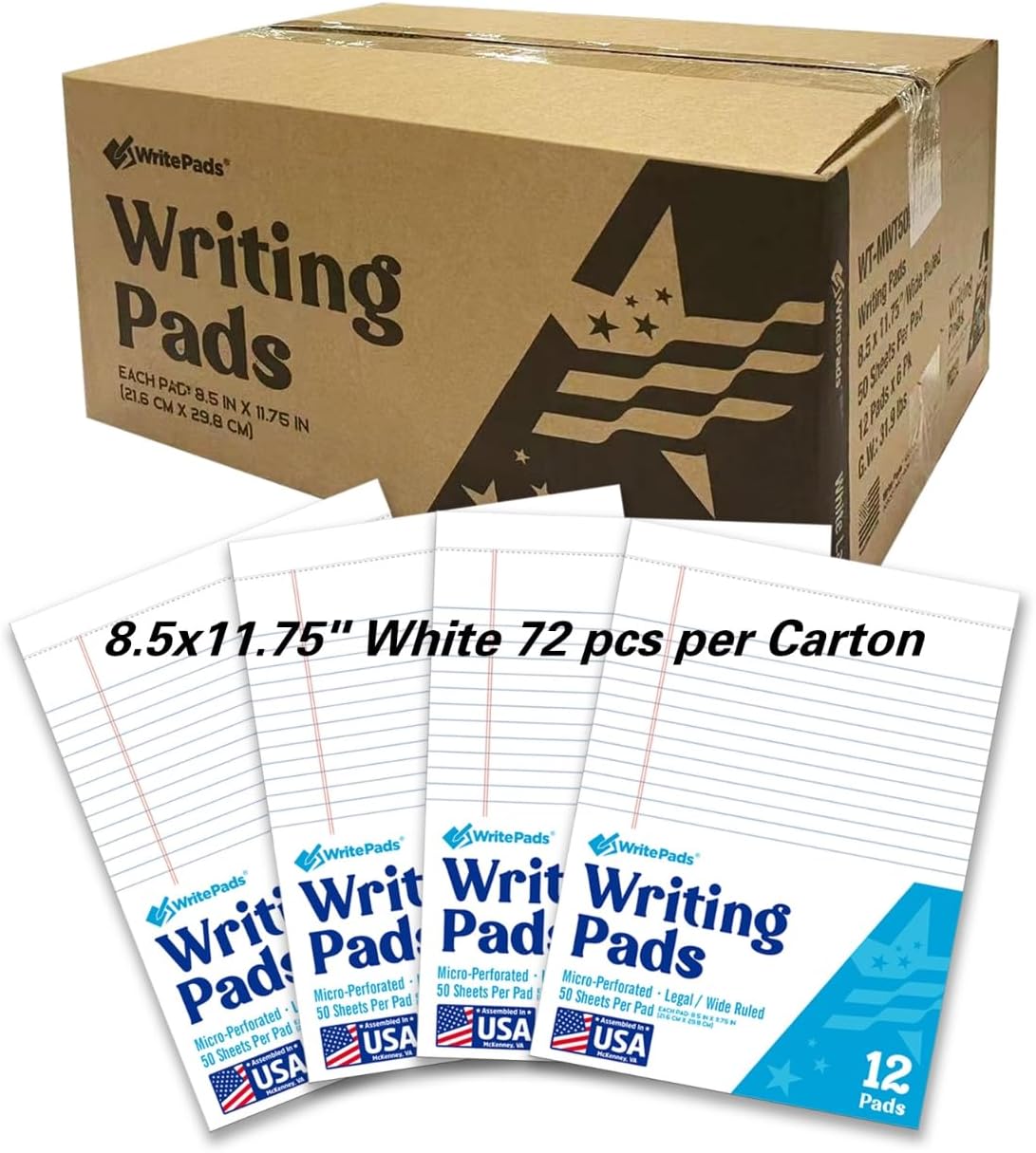 KAISA Legal Pads 8.5x11 inch Writing Pads, 8.5"x11.75" Wide Ruled Notepads Large Note Pads, White 50 Sheets 72 Pads,WT-MWT50W