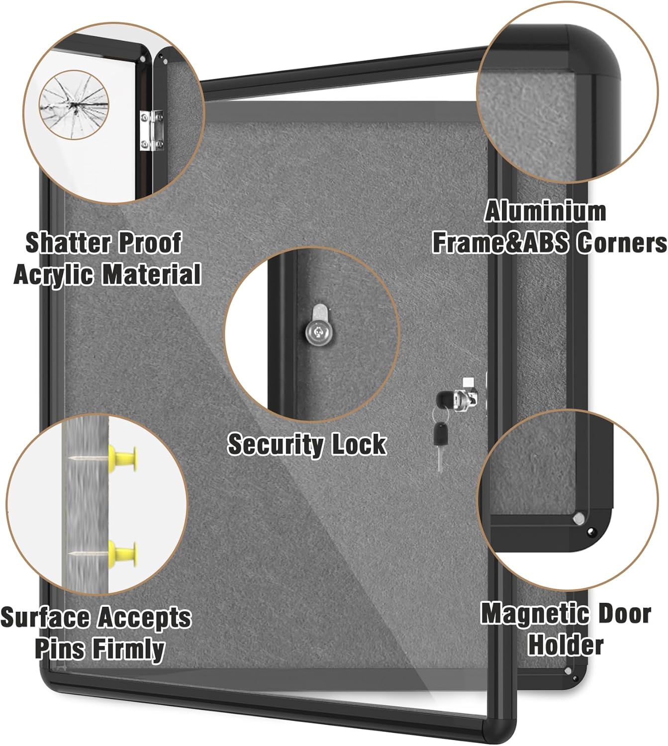 28"x26" Enclosed Bulletin Board, Lockable Weather-Resistant Aluminum Cork Noticeboard for School & Office, Black Frame w/Grey Flet