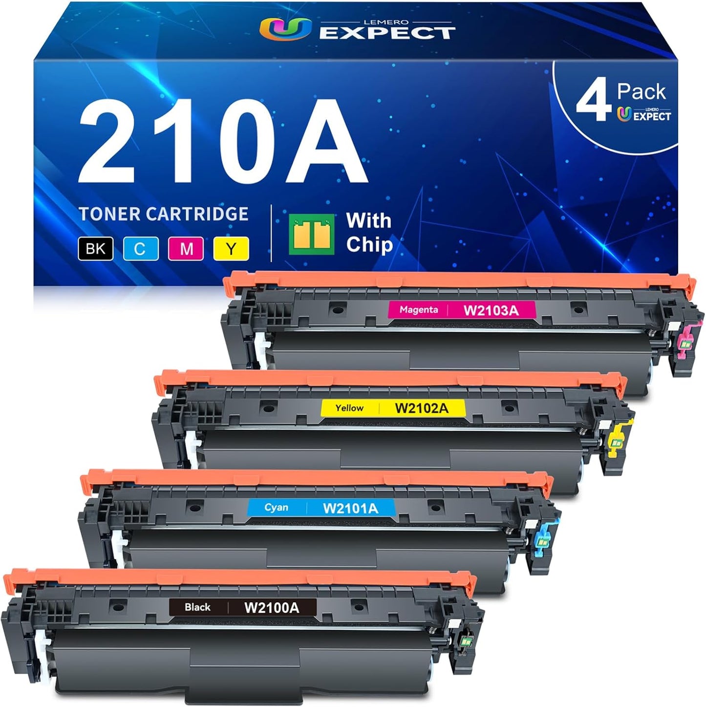 LEMERO UEXPECT Compatible Replacement for HP 210A Toner Cartridge 4 Pack with Chip 210A 210X W2100A W2100X for Color Laserjet Pro MFP 4301fdw 4301fdn Pro 4201dw 4201dn Printer Ink, 4 Pack