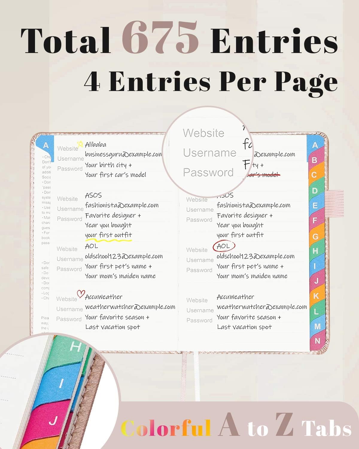 Small Password Keeper Book with Colorful Alphabetical Tabs, Hardcover Password Log-book for Internet Password and Website Address, 4.1"×6.2" Large Password Notebook for Home Office (Rose Gold)
