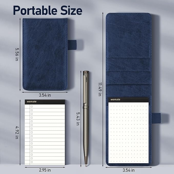 WEMATE 10 Pieces Small Notepad Holder Set Pocket Notebook - Included Mini Pocket Notepad Holder Set with 8 Memo Book Refills and Metal Pen for Meetings, Daily Records, and Notes 3 x 5 Inch (Blue)