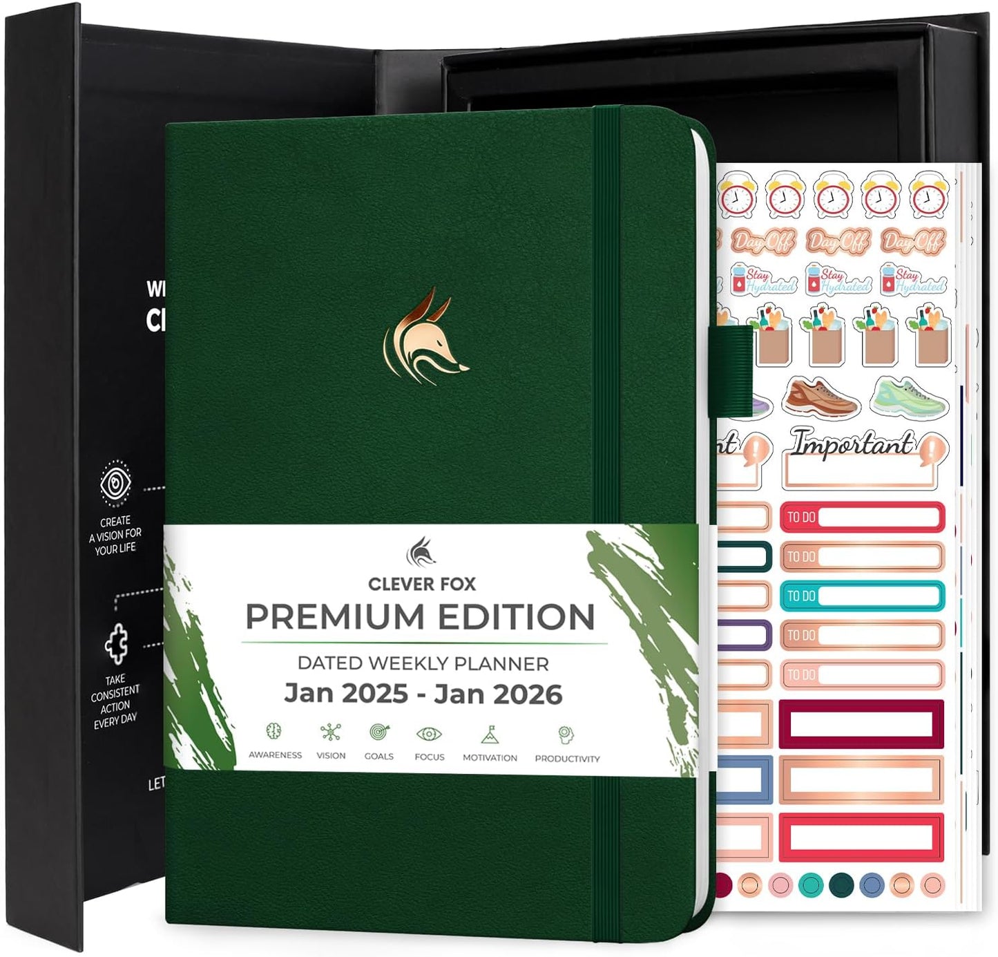 Clever Fox Dated Planner Premium 2025 – Weekly Agenda for Planning & Time Management –Notebook with Habit Tracker & To-do List (Forest Green)