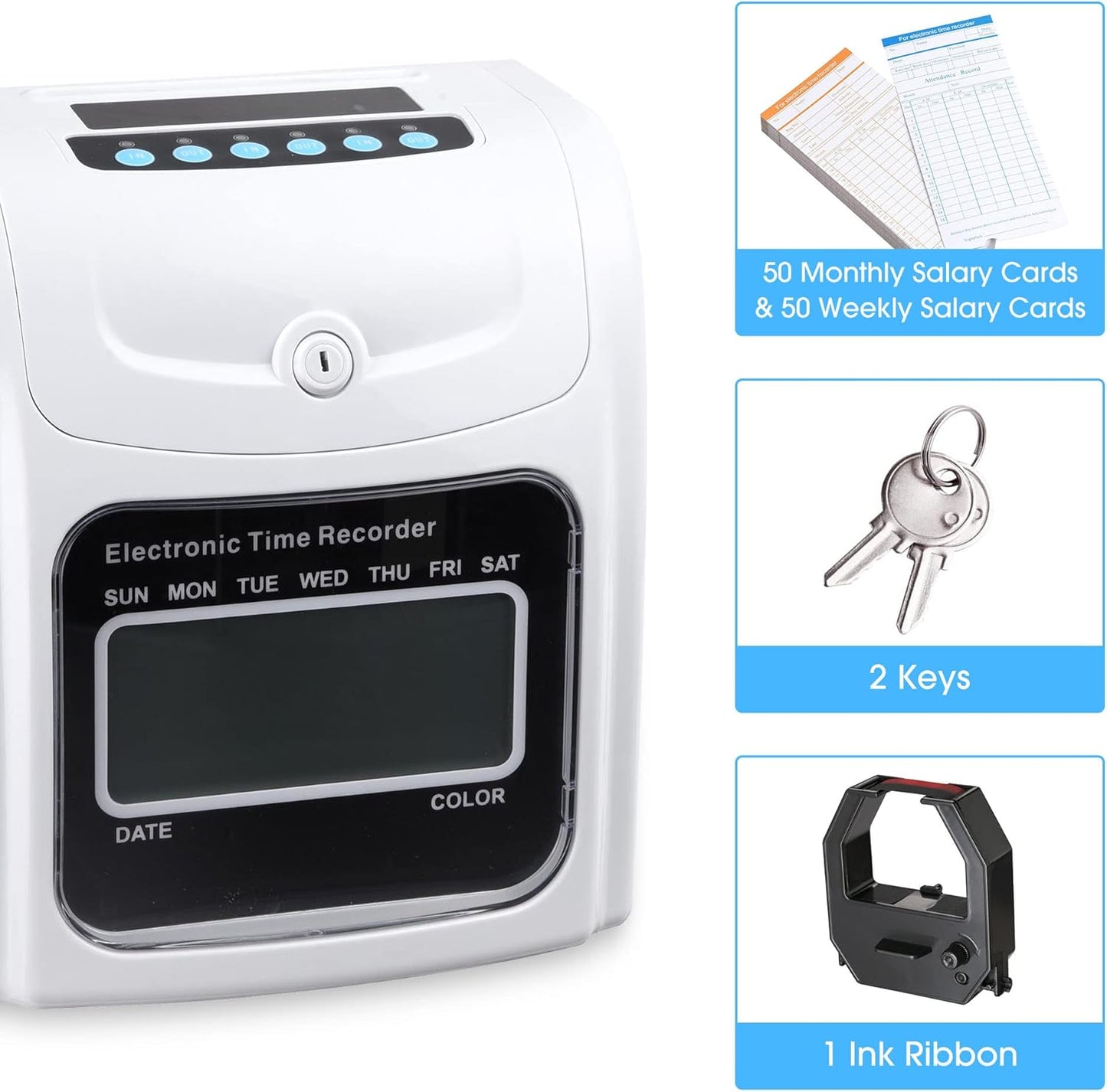 Yescom Employee Attendance Punch Time Clock Payroll Recorder LCD Display w/ 100 Cards