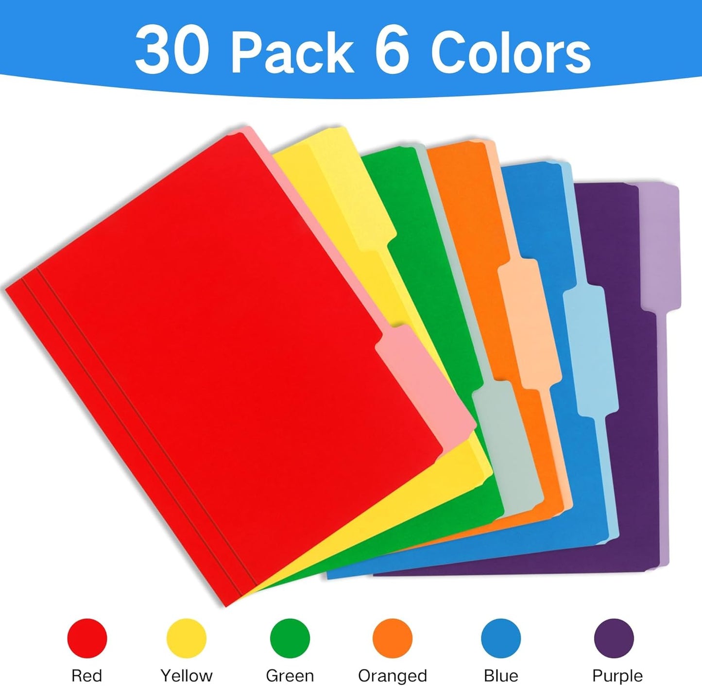 Letter Size File Folders – 1/3-Cut Tab, Durable Colored File Folders for Home, Office, and School Organization, 30-Pack