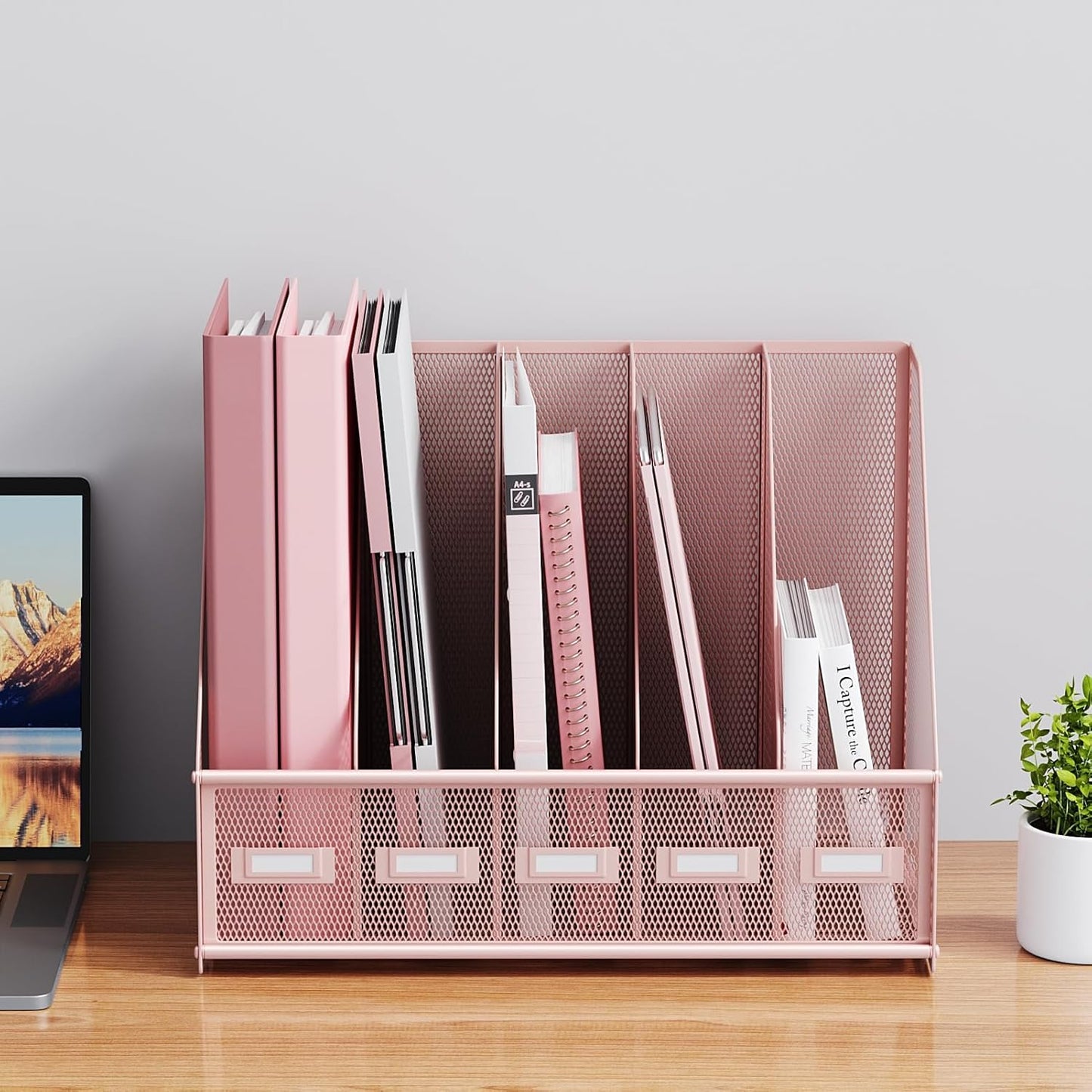 Marbrasse File Organizer for Desk,Desk File Organizer with 5 Vertical Compartments Mesh Magazine File Holder for Office School