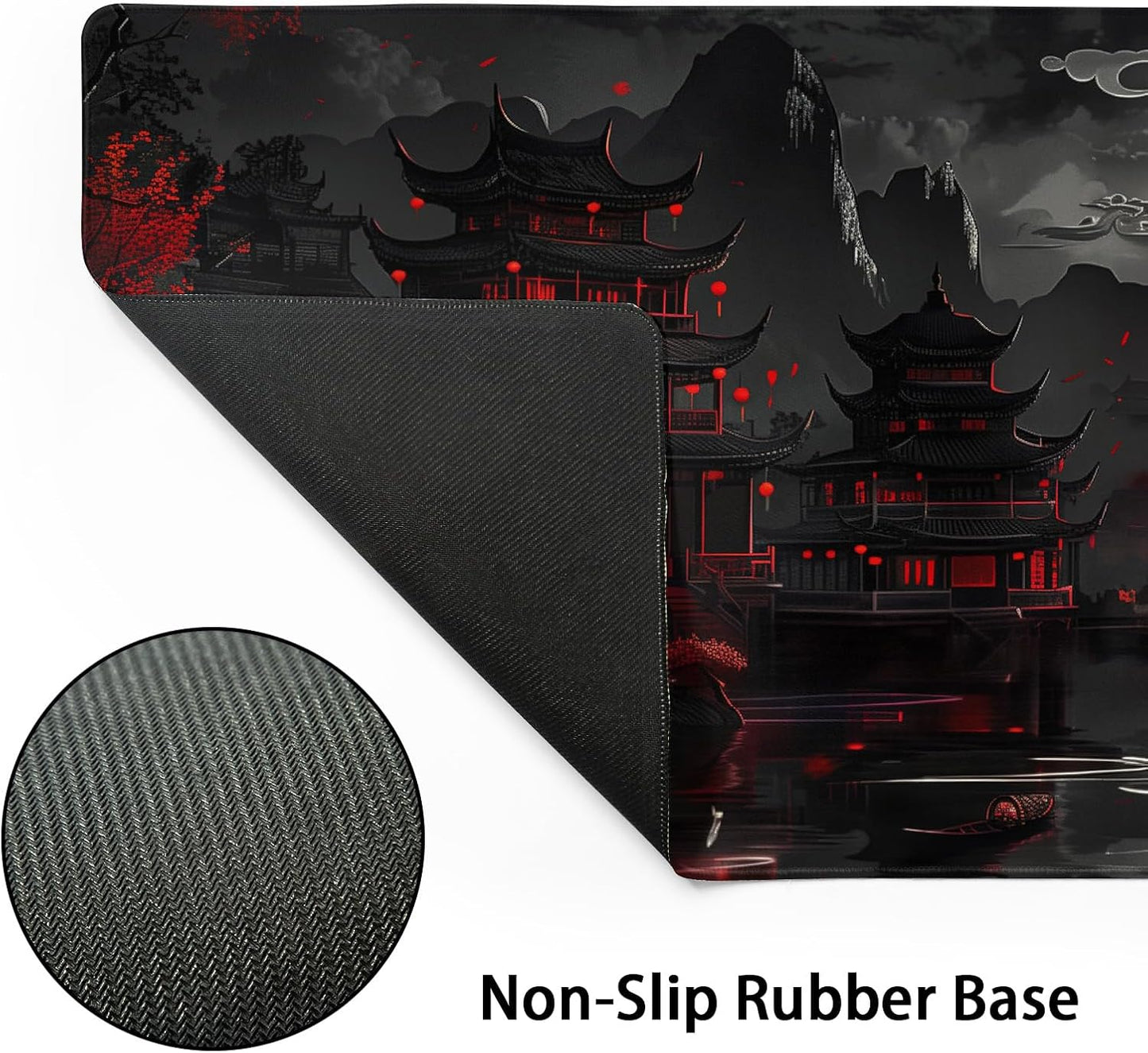 Full Moon Night Gaming Mouse Pad XLBlack Red Mountain Japanese Extended Large Mat Mousepad Desk Pad Non-Slip Rubber Base Stitched Edge Long Keyboard Pad for Computer,31.5×11.8 Inch