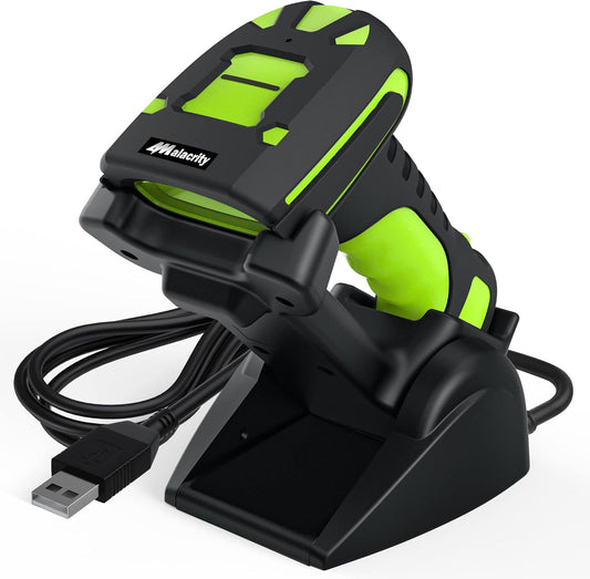 Alacrity 2D Industrial Wireless Barcode Scanner with Charging Stand, Bluetooth Drop Resistant, 1968 Feet Transmission Distance 433Mhz QR 1D Bar Code Reader
