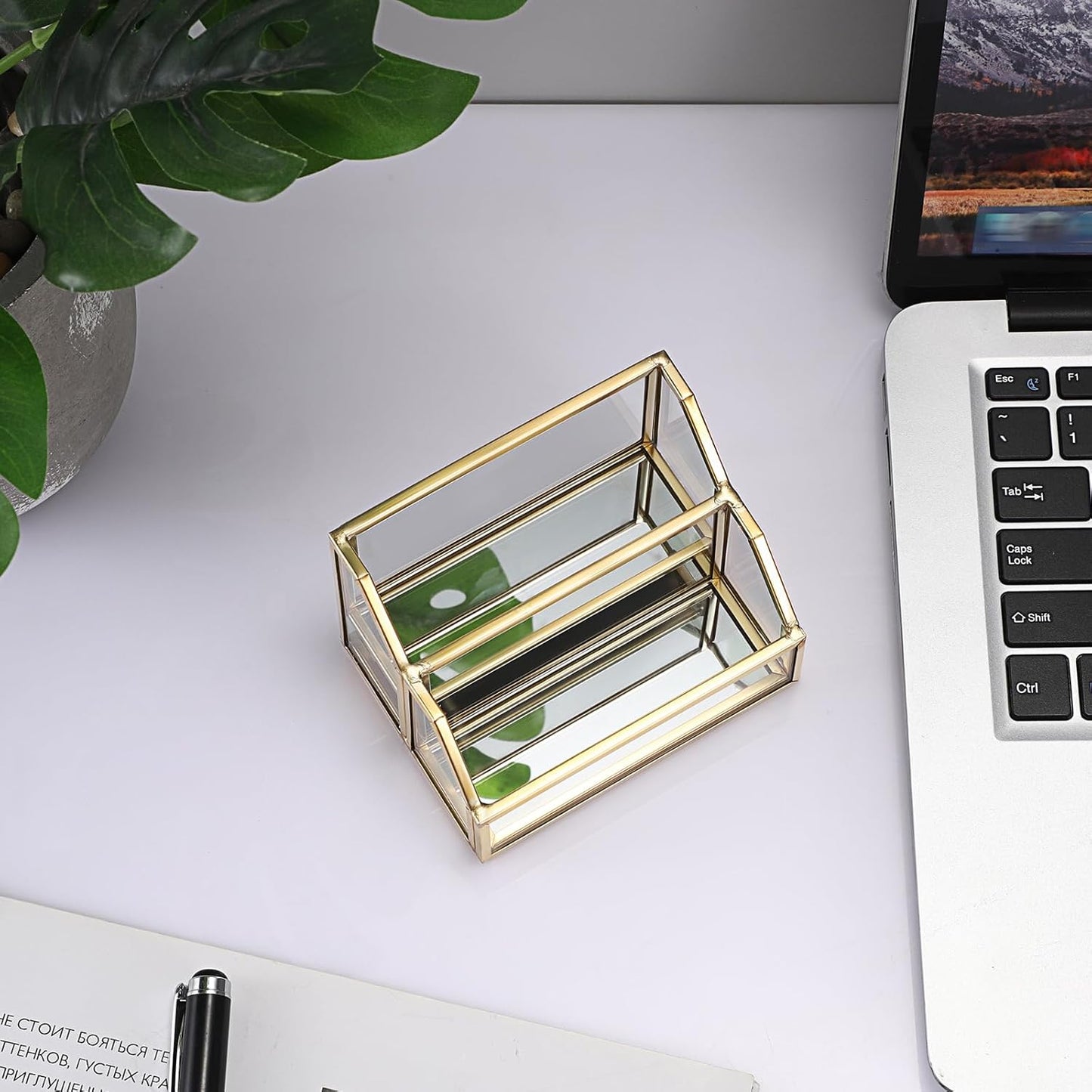Hipiwe Glass Business Card Holder 2 Slots Gold Business Card Stand Mirrored Base Name Display Holder for Desk Multiple Clear Business Card Holder Display for Office