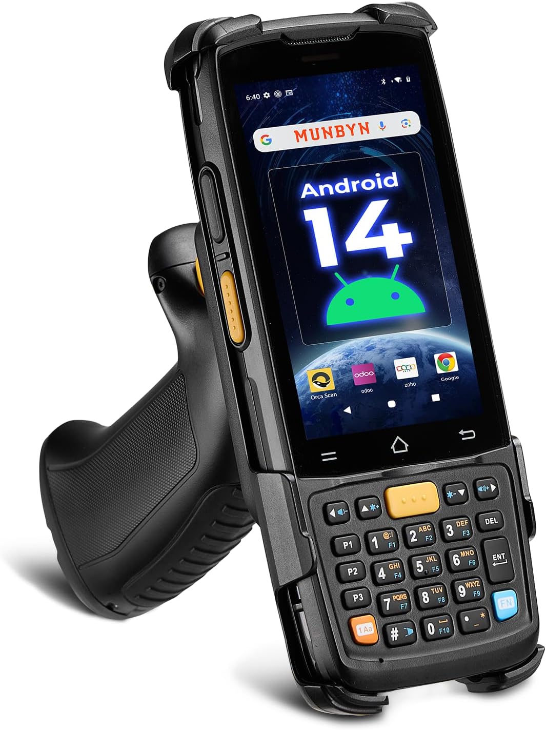 MUNBYN Android 14 Barcode Scanner with Pistol Grip,Equipped with Honeywell HS7 QR Scanner, 4GB+64GB Handheld PDA, 4-inch Touchscreen, IP65 Rugged, 5000mAh for Inventory Warehouse Logistics MC005P