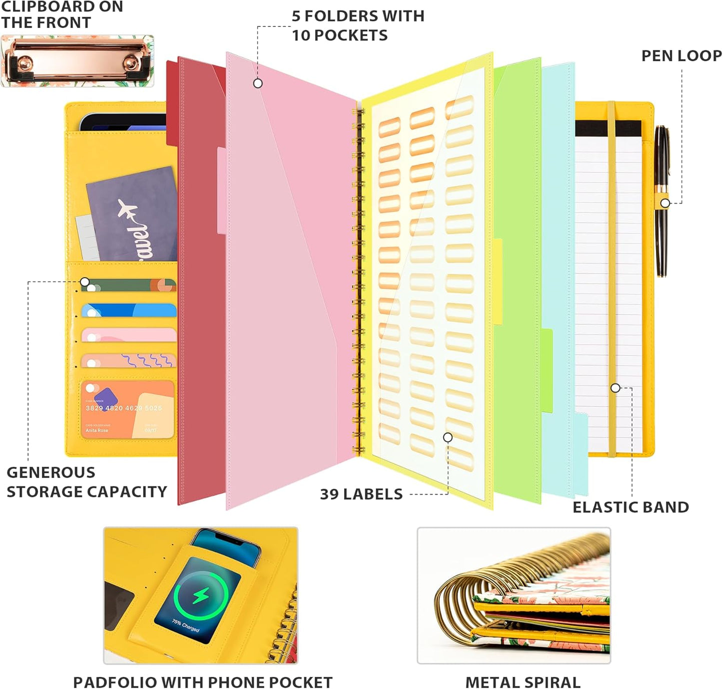 Clipboard with Storage for Men Women, Leather Padfolio Portfolio Organizer 5 Folders with 10 Pockets, Spiral Clipboard Folio with Notepad for Letter Size, Elastic Closure and Pen Loop Floral