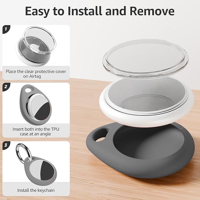 for AirTag Keychain Holder with Wire Cable, Secure Lock Case for Air tag, Compatible with AirTags, Key Ring Chain Luggage, for Airtag Accessories for GPS Item Finder Tracker, Grey