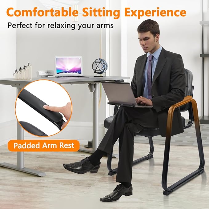 CLATINA Waiting Room Guest Chair with Bonded Leather Padded Arm Rest for Office Reception and Conference Desk Black with Sled Base