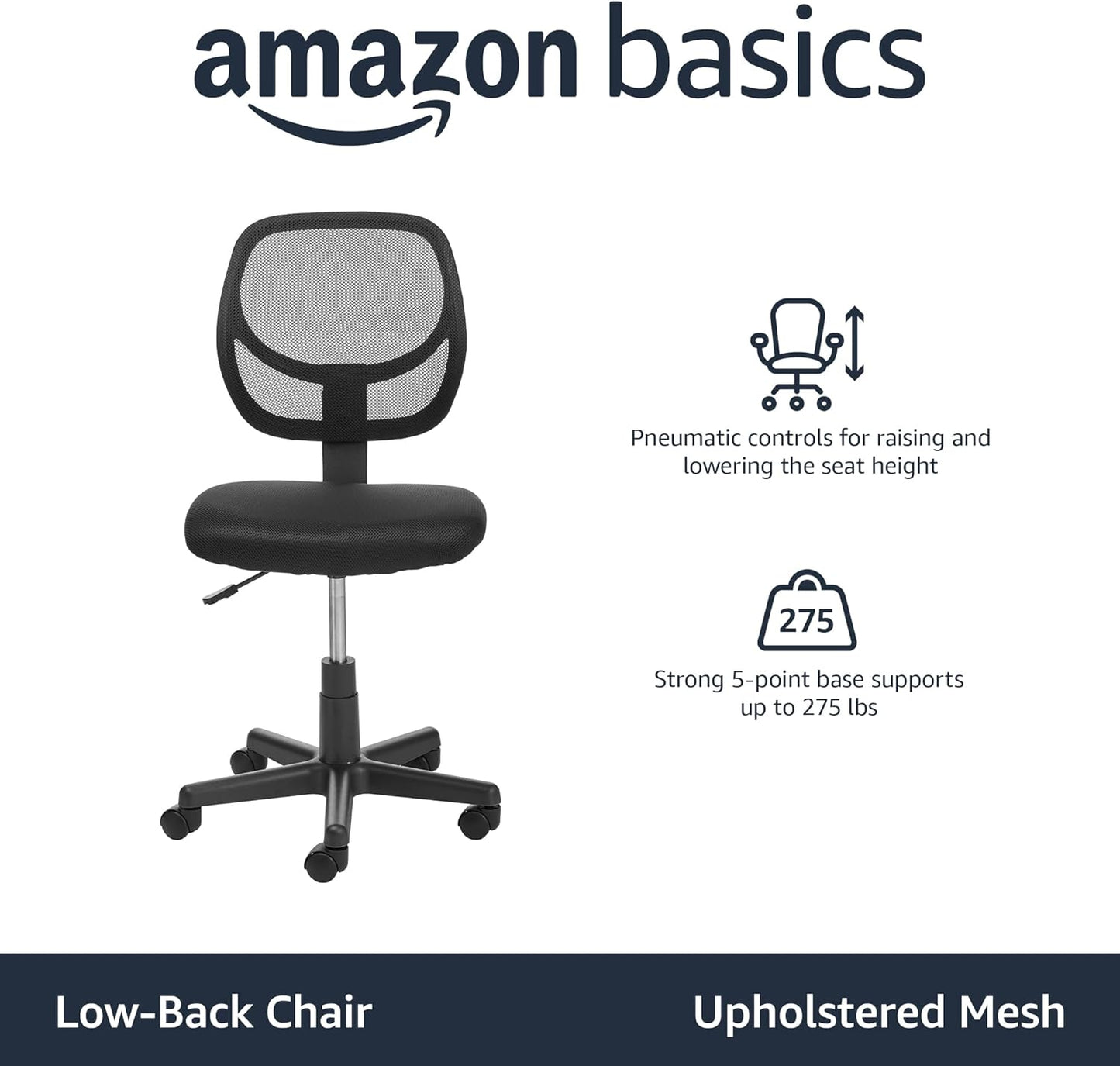 Amazon Basics Rolling Desk Chair, Adjustable, Low Back, Padded Seat, Breathable Mesh, Swivel, Black, 21.25" D x 22.5" W x 38" H